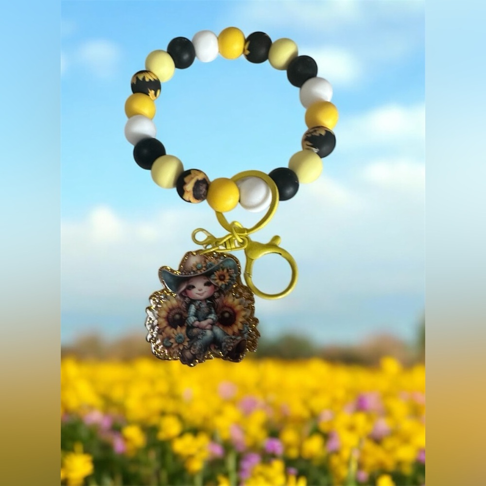 Hand Crafted Sunflower Wristlet Keychain with charm- Black, Yellow, White
